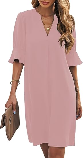Dress for Women V Neck Short Sleeves Solid Color Casual Flowy Summer Dresses(S-2XL)